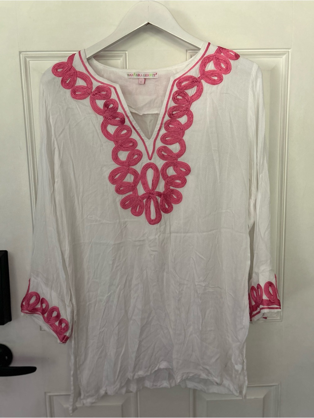 Women's White Tunic with Pink Loop Trim by Barbara Gerwit